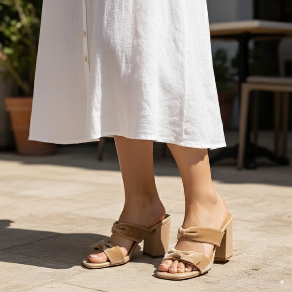 Kaanas Beige Bow Heeled Sandal Size 6